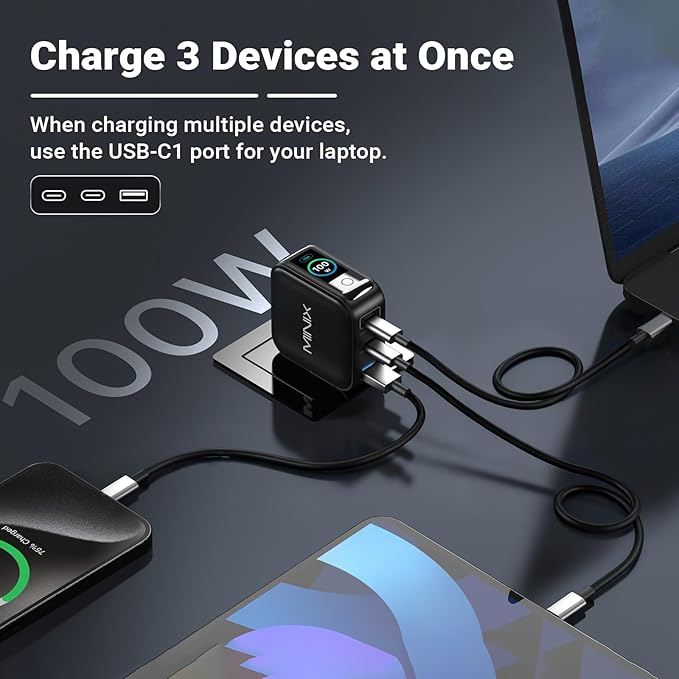 MINIX 100W USB C Charger, 3 Port GaN Charger with Smart Display and Touch Control, Powerful 100W Fast Charging for MacBook pro, iPhone 17/16 Series, Samsung Galaxy, Pixel, Laptop, and More