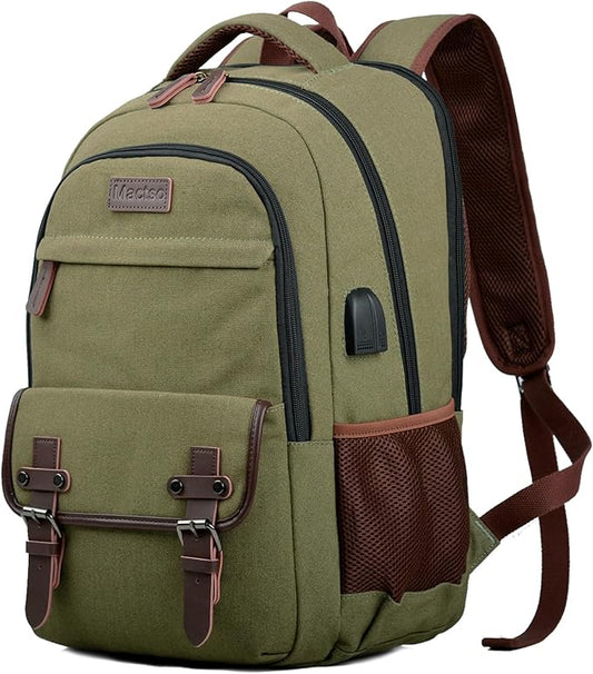 Mactso Canvas Travel Laptop Backpack for Men Women, Business Work Rucksack College School Computer Bag Fits 15.6 Inch Notebook,Bookbag with USB Charging Port (Green, 15.6 Inch)