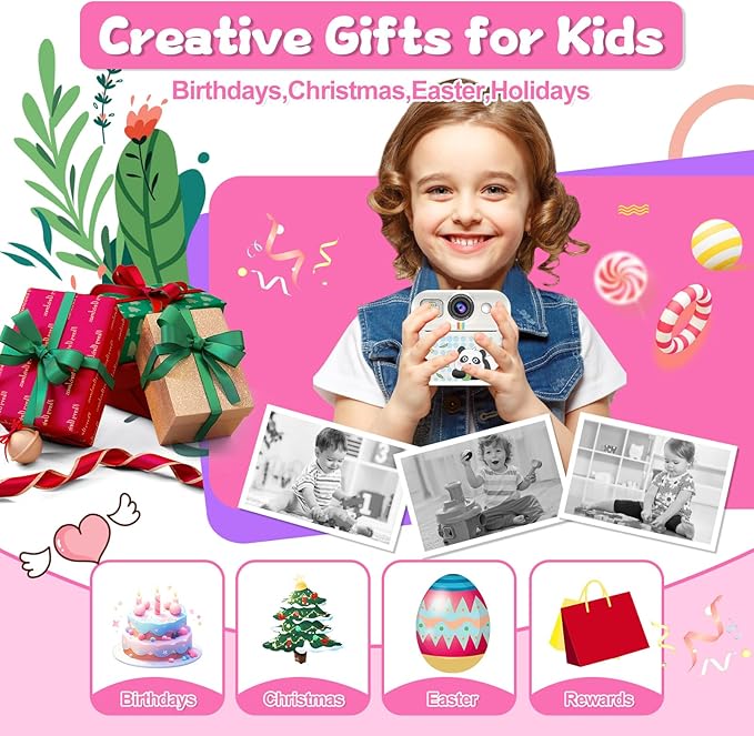 Kids Camera Instant Print, Christmas Birthday Gifts for Girls Age 3-10, Toy for 3 4 5 6 7 8 9 10 Year Old Girls with 3 Roller Photo Paper (White)