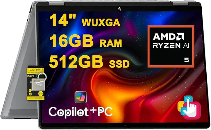 HP OmniBook X Flip 2-in-1 Laptop 14" WUXGA IPS Touch (400nits) AMD 6-core Ryzen AI 5 340 (Up to 50 Tops) 16GB RAM 512GB SSD for Creator Designer Business Professional Win11 ICP Hub/Copilot+ AI PC