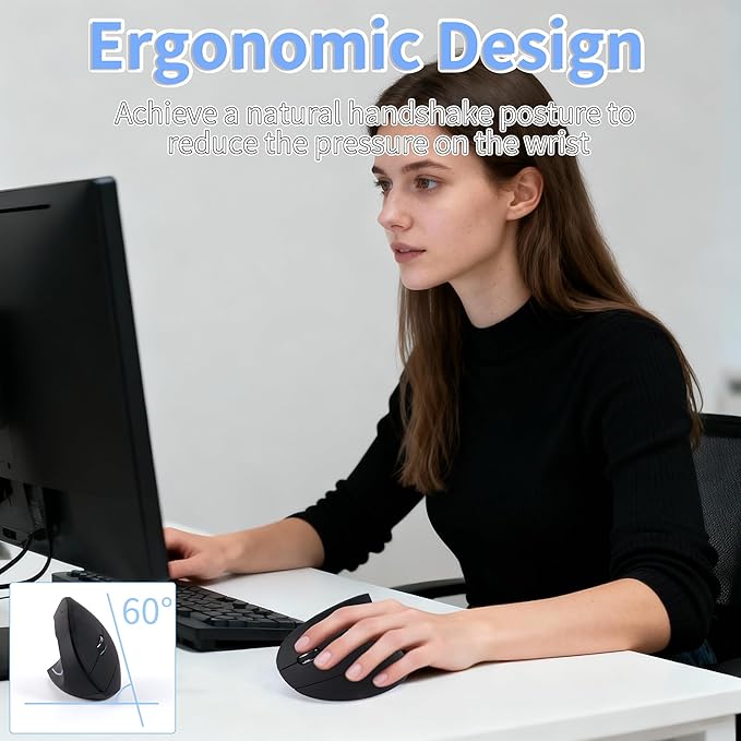 Ergonomic Mouse Wireless Left Handed Vertical Mouse with LED Light USB Receiver 6 Buttons Portable 2.4GHz Optical USB Wireless Mice for PC Laptop Desktop Computer Notebook Mac Adults Gifts, Black
