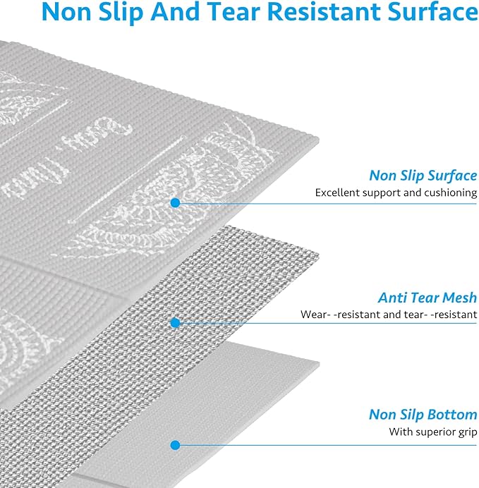 Foldable Yoga Mat for Women, Non Slip Exercise Mat for Home Gym, 5mm Travel Yoga Mats Set With Stretch Strap for Yoga Pilates and Fitness, 68"L x 24"W x 0.2 Inch Thick