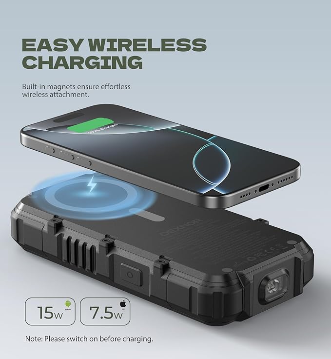 Dexnor Solar Charger Power Bank 27,000mAh, 65W PD3.0 & QC3.0 Fast Charging Powerbank External Battery Pack Portable Wireless Chargers with Flashlight and Carabiner, Compatible with MagSafe & Qi