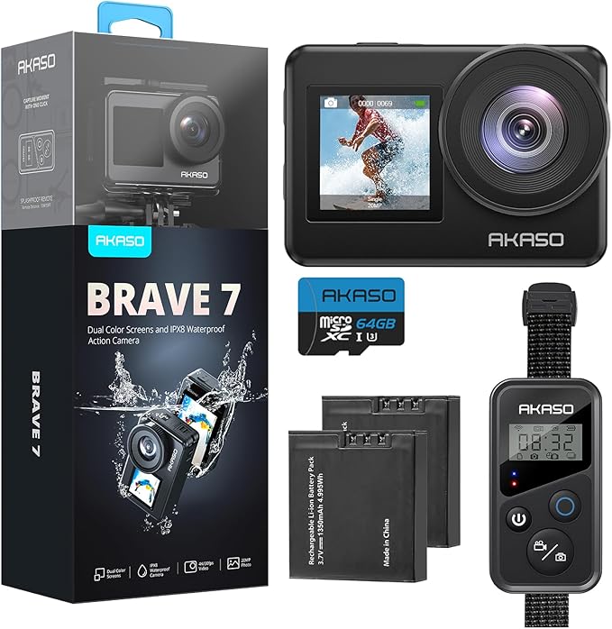 AKASO Brave 7 Action Camera 4K30FPS 20MP with 64GB U3 MicroSDXC Memory Card, Waterproof Camera with Touch Screen IPX8 33FT EIS 2.0 Zoom Support External Mic Voice Control with 2X 1350mAh Batteries