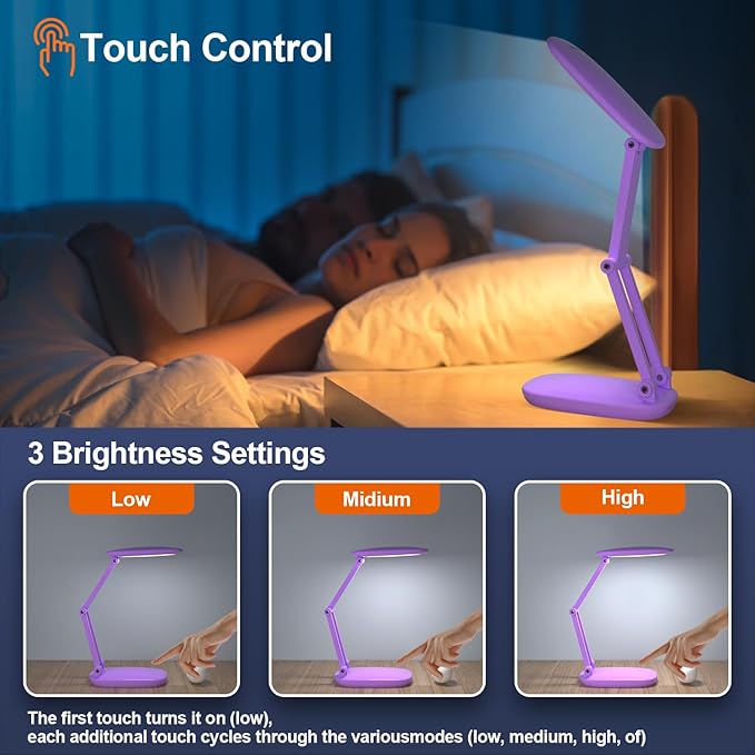 LED Desk Lamp for Office Home & Battery Operated Lamp Rechargeable Lamp Foldable & Portable Light, [2-Fold Bracket] 3 Brightness Dimmable Small Desk Lamp Wireless Reading Lamp (Purple)
