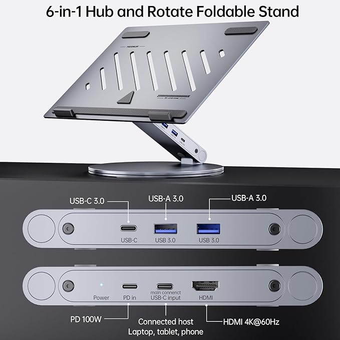 Adjustable Laptop Stand with 6-in-1 USB C Docking Station, 360° Rotation, 4K HDMI, USB3.0, PD100W, Compatible with MacBook Pro Air, Dell XPS, HP 10-16” - Gray