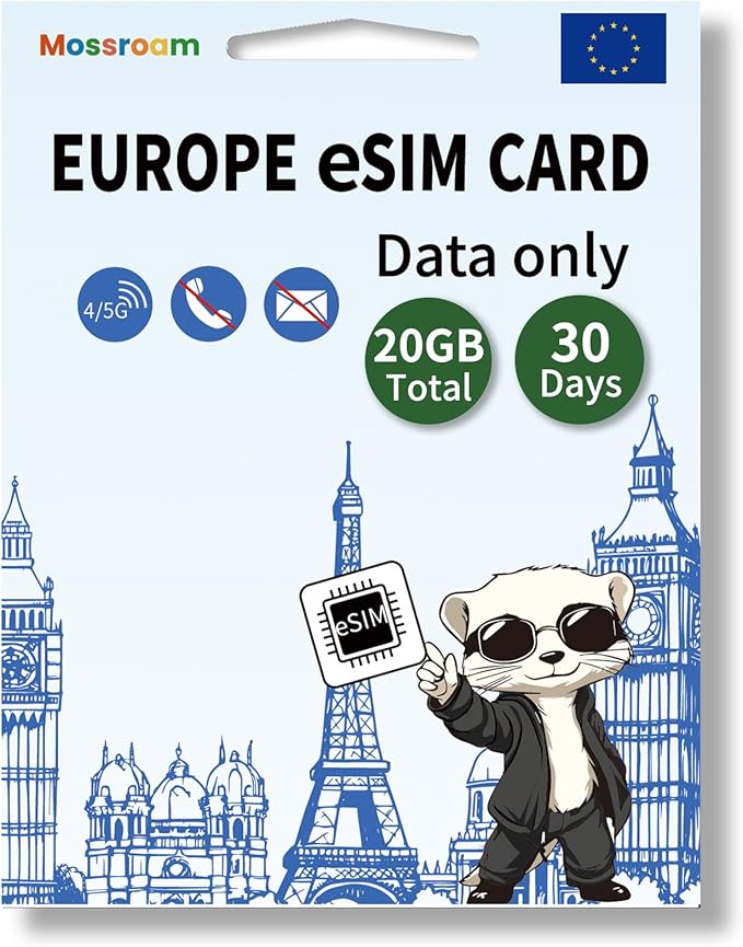 eSIM for Europe Travel,20GB Data Total, 30 Days at 4G/5G speeds,Data Only eSIM,Use Europe eSIM in UK & 30+ Countries in The EU