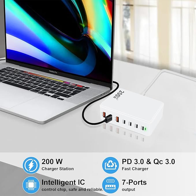 USB Fast Charger Block 200W usbc Charging Block, Upgraded GaN 7-Port Fast Charging Station Hub, USB-C Laptop Charger Adapter, Compatible with MacBookAir/Pro, DELL, iPhone16/15, iPad, Steam (White)