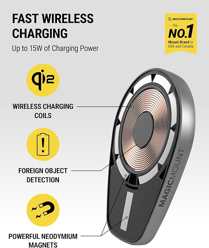 Scosche MPQMD-SP MagicMount Charge Pro Qi2 Fast Wireless Charging MagSafe Car Mount Charger, 15W Magnetic Cell Phone Holder for Car Dashboard Compatible with iPhone 16/15/14/13/12 Pro Max Plus, S25