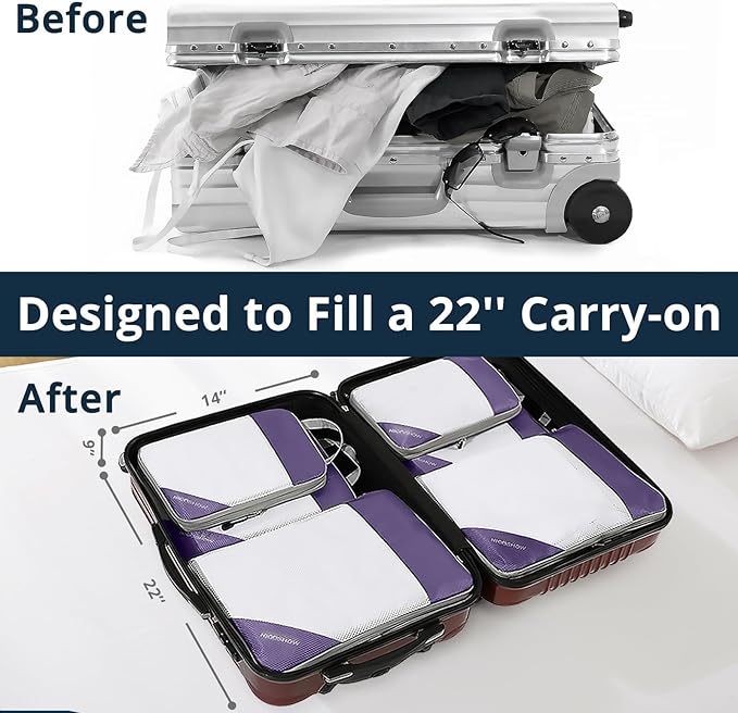 Compression Packing Cubes 6 Set, Compressible Space-Saving Packing Cubes for Travel - Compression Bags, Luggage Organizer, Travel Essentials for Women, Purple