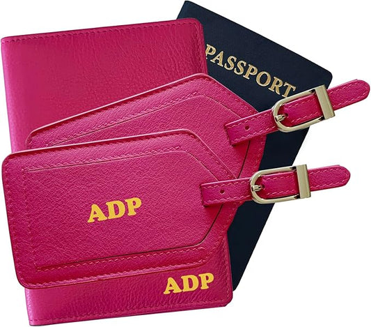 Personalized Monogrammed Bright Pink Leather RFID Passport Wallet and 2 Luggage Tags