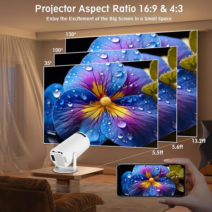 Mini Projector, HY300 PRO Portable Projector, Smart Projector Support 4K 1080P with Dual-Band WIFI6 5G Wireless 5.4 Bluetooth, 160 ANSI, Auto Keystone Correction, 35"-130" Screen Video Projector