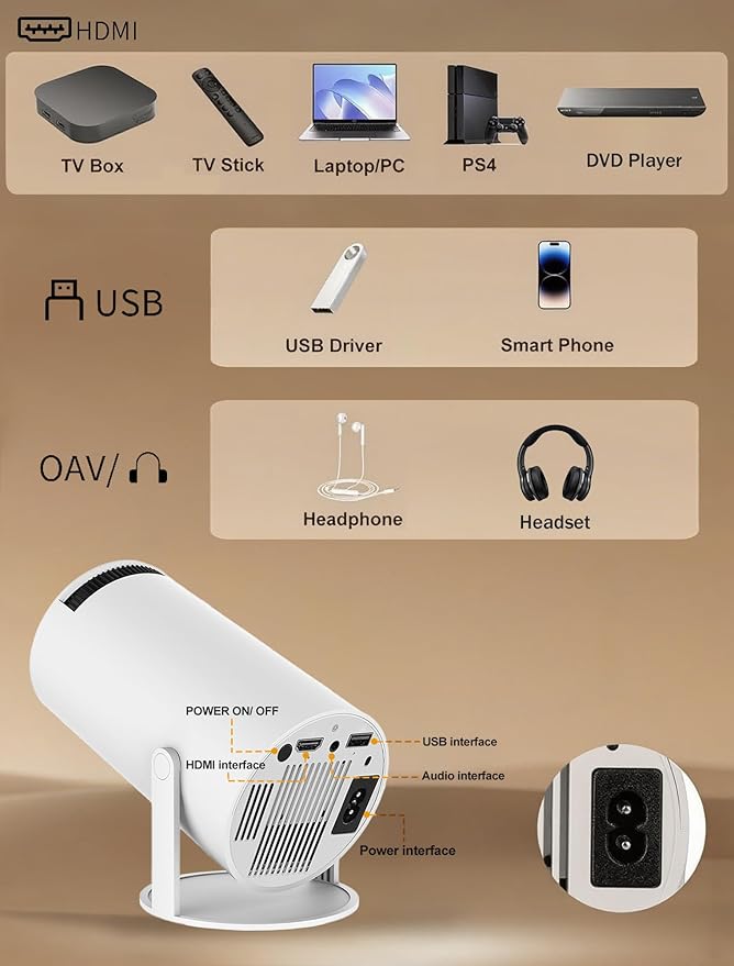 Mini Projector Support 4K, 200 Ansi Outdoor & Home Movie Portable Projector with Wifi6 and 5.0 Bluetooth, Automatic Keystone Correction, 180°Rotatable, Compatible with HDMI USB PC Laptop