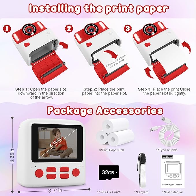 Kids Instant Print Camera, Portable Toys Camera for Toddler, Print Black & White Photos Instantly, Ideal Birthday for Boys & Girls Ages 3–12 (White&Red)