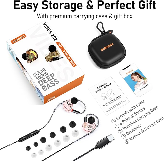 Vibes 202 Wired Earbuds, HiFi in Ear Monitor Headphones, Noise Isolating Ear Buds w/Mic, Deep Bass & Comfort-Fit Earphones, Silver Plated Cord, Carrying Case, USB C, Pink