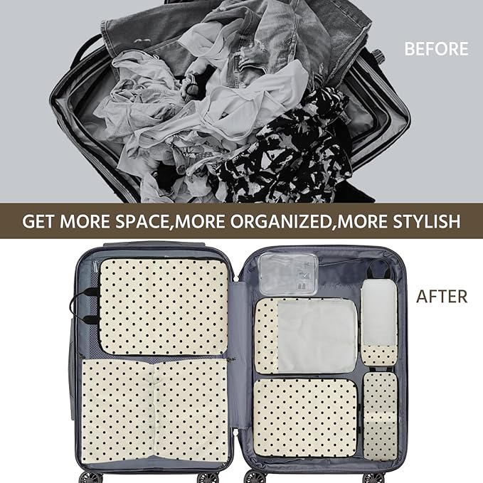 7 Pcs Compression Packing Cubes for Travel, Waterproof Suitcase Luggage Backpack Organizer with Toiletry Bag Travel Essentials for Women/Men-Polka Dots