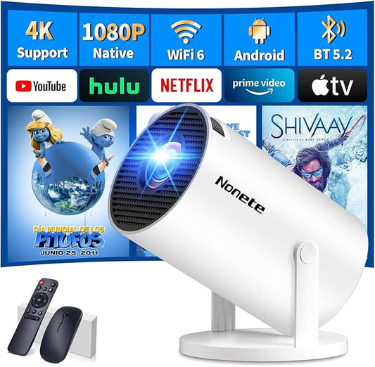 【Built-in Apps】Mini Projector 1080P, 4K Projector Full HD with WIFI 6 and Bluetooth 5.2, Support 270° Rotatable Portable Projector with Auto Keystone Correction,Compatible with Phone/HDMI/USB-White