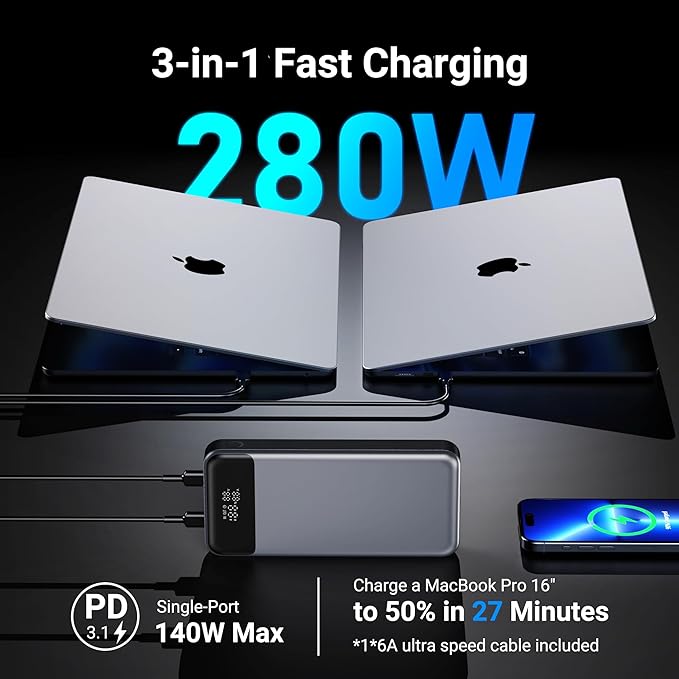 280W Power Bank, 24,000mAh 3-Port Laptop Portable Charger(88.8Wh), Digital Display, Compatible with MacBook Pro/Air, iPhone 16/15/14/13 Series, Vision Pro, Samsung, SteamDeck, Dell, AirPods, Tablet