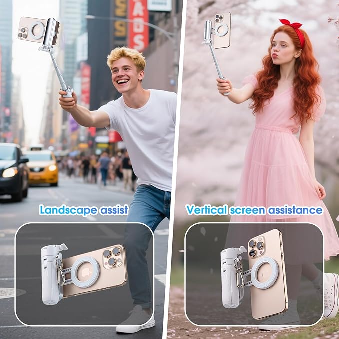 Magnetic Tripod for Phone,2 in 1 for Magsafe Stand＆ Clip Portable Pocket Size Selfie Stick for Android/iPhone,Phone Holder with Wireless Rechargeable Remote Control for Photography, Live Streaming