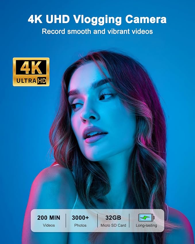 4K Digital Camera for Photography, WiFi 64MP Autofocus Vlogging Camera for YouTube, 3" 180° Flip Screen, 16X Zoom Antishake Compact Point and Shoot Travel Cameras with 32GB SD Card, 2 Batteries, Black