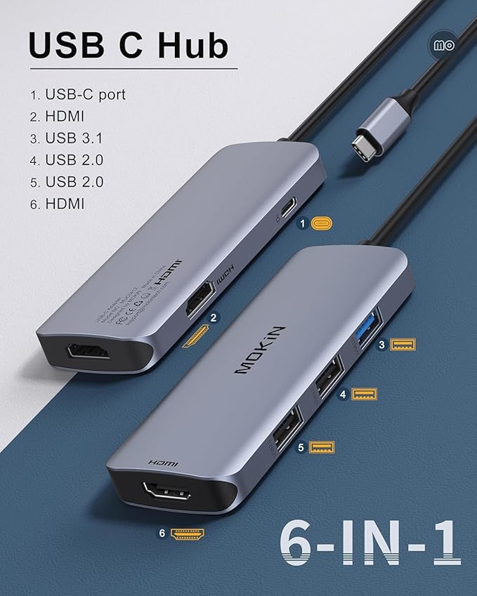 Docking Station USB C to Dual HDMI Adapter, MOKiN USB C Hub Du al HD MI Monitors for Windows,US B C Adapter with Dual HDMI,3 USB Port,PD Compatible for Dell XPS 13/15, Lenovo Yoga,etc