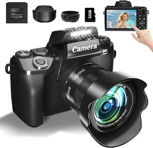8K Digital Camera for Photography, WiFi & Dual-Lens Vlogging Camera for YouTube with 4" Touch Screen, 64MP Vlog Cameras 16X Digital Zoom with 3000mAh Battery, 32GB TF Card & Lens Hood(Black)