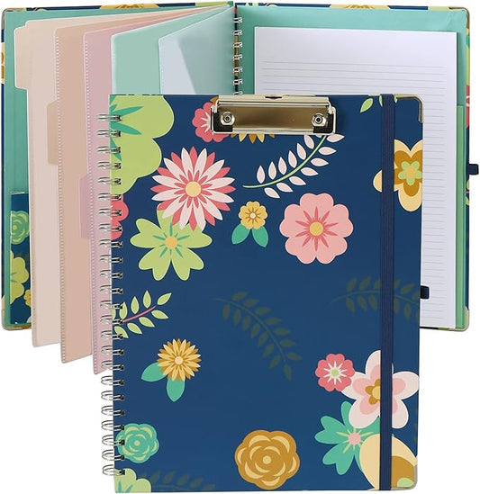 Clipboard Folio Spiral Folder Board,5 Extra Folders with 10 Storage Pockets,Refillable Lined Fillable Notepad,Folded Clipboard with Storage,Suitable for Office,School and Student (Blue Flowers)