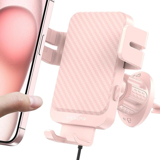Wireless Car Charger, MOKPR 15W Fast Charging Auto-Clamping Car Charger Phone Mount Air Vent Cell Phone Holder Compatible iPhone 16/15/14/13/13 Pro/12 pro/12/11, for Samsung Galaxy S23/S22/S21, Pink