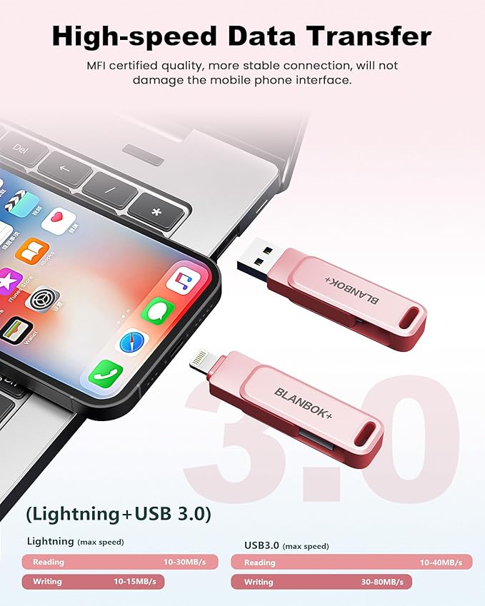 MFi Certified 256GB Flash Drive for iPhone Photo Stick, USB Memory Stick iPhone Flash Drive for Photos Videos, High Speed External Storage USB Stick Thumb Drive for iPhone/iPad/Android/PC(Rose Pink)