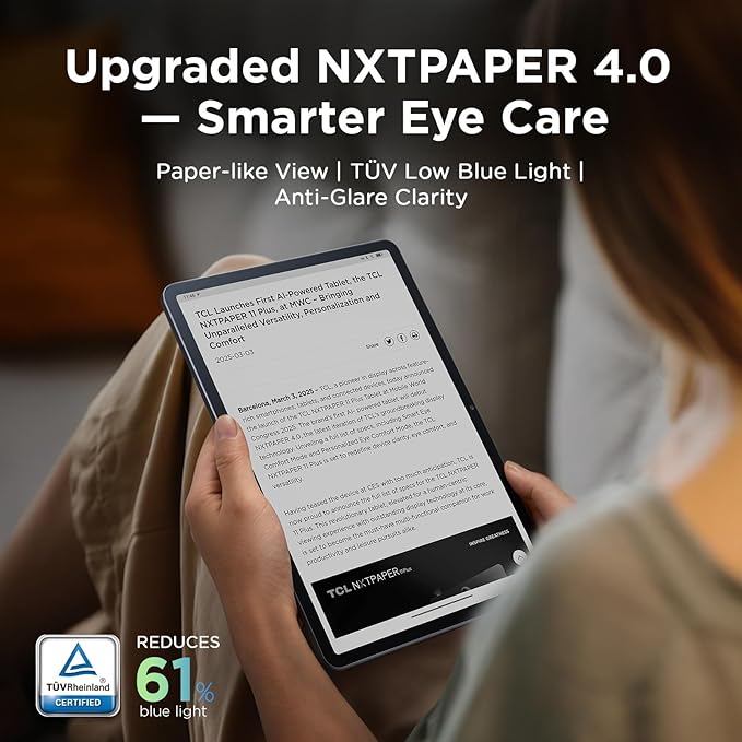 TCL NXTPAPER 11 Plus Android Tablet, 11.5" 120Hz 2.2K Drawing Pad & Digital Notebook, Stylus Included, NXTPAPER 4.0 Display, AI Tools, 8+8GB RAM, 256GB Storage, 8000mAh Battery, Onyx Black