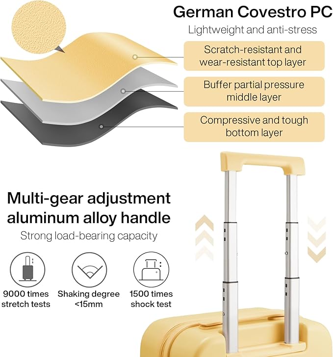 mixi Luggage Suitcase with Spinner Wheels, Hardside Rolling Suitcase PC with Cover & TSA Lock Lightweight Travel Case 26in Checked in, Lark Yellow
