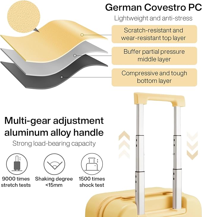 mixi Luggage Suitcase with Spinner Wheels, Hardside Rolling Suitcase PC with Cover & TSA Lock Lightweight Travel Case 24in Checked in, Lark Yellow