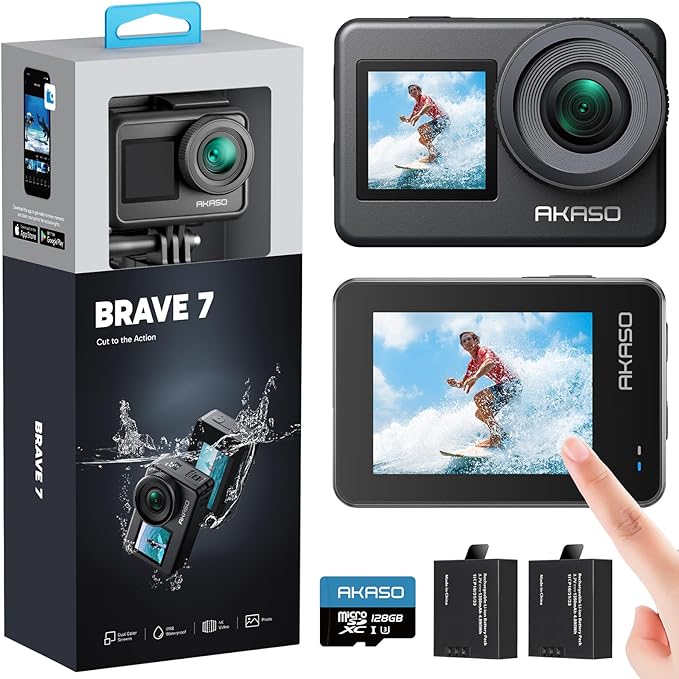 AKASO Brave 7 Action Camera 4K30FPS 20MP with 128GB U3 MicroSDXC Memory Card, Waterproof Camera with Touch Screen IPX8 33FT EIS 2.0 Zoom Support External Mic Voice Control with 2X 1350mAh Batteries