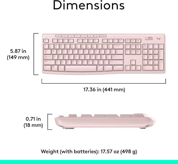 Logitech K270 Wireless Keyboard for Windows, 2.4 GHz Wireless, Full-Size, Number Pad, 8 Multimedia Keys, 2-Year Battery Life, Compatible with PC, Laptop - Rose