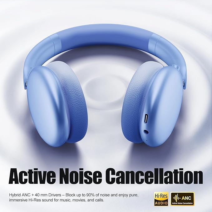 Wentronic Y06 Noise Cancelling Headphones,58H Playtime and 5 EQ Music Modes Wireless Over Ear Bluetooth Headphones with Microphone,Lossless Audio,Multipoint Connection,Foldable,Lightweight,Blue