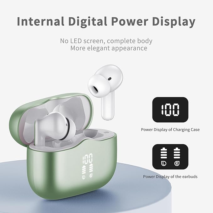 Wireless Earbuds, Bluetooth 5.4 Headphones in Ear with 4 ENC Noise Cancelling Mic, New Wireless Earphones HiFi Stereo Deep Bass 40H Playtime, in-Ear Bluetooth Earbuds LED Display IP7, USB-C, Green
