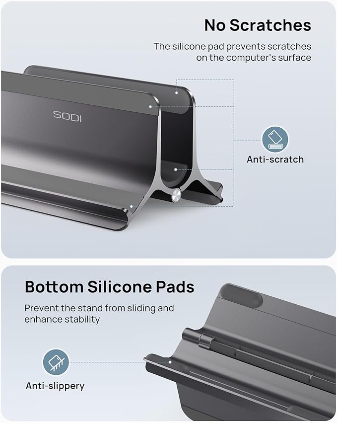 SODI Vertical Laptop Stand for Desk, Aluminum Laptop Holder Compatible with MacBook Pro, MacBook Air Stand Up to 17 inch, Gravity Auto-Lock Cooling, 3in1 Space Saving Desk Organizer Accessories, Gray