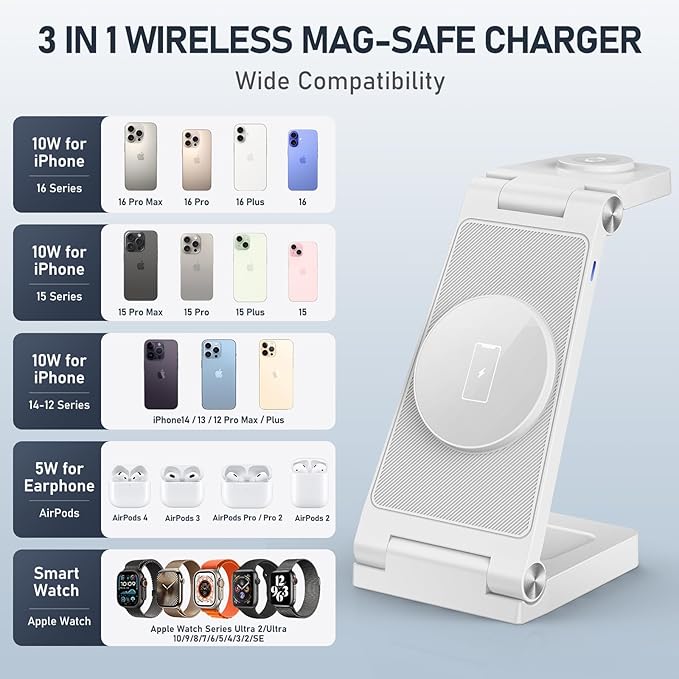 Magnetic Wireless Charger Stand, 3 in 1 Foldable Wireless Charging Station with 20W Adapter, Travel Charger for Multiple Devices for iPhone 17 16 15 14 13 12 Pro/Max/Plus/Mini, iWatch, AirPods
