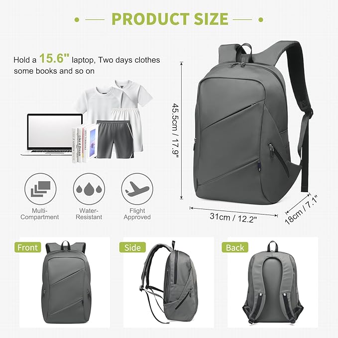 Travel Laptop Backpack, Anti-Theft Carry On Backpack Professional, TSA-Approved Water-Resistant Rucksack for Work Men Women Fits 16 Inch Notebook, Grey