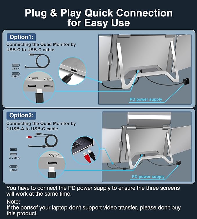 FOPO 15.6" Laptop Screen Extender Monitor Portable, Quad Monitor, Just 1 Cable for 3 Screens, FHD 1080P IPS Laptop Extender Compatible with Wins/Mac for 13.6" - 17.3" Laptops