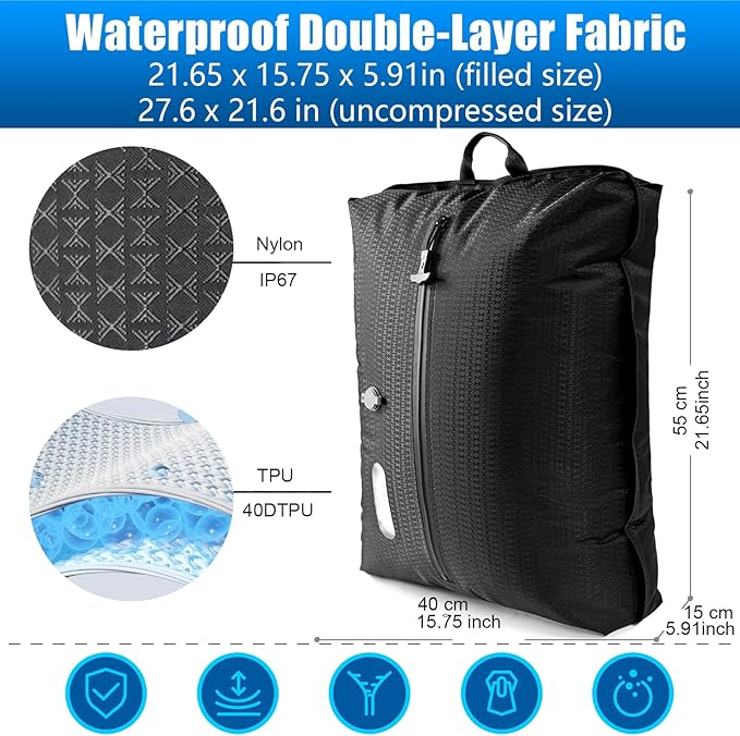 Vacuum Travel Bags with Pump Wireless, 2PC Reusable Compression Bags for Travel, Double Layer Travel Vacuum Bags for Luggage with IP67 Waterproof, Vacuum Seal bags for Clothing travel, 45L, 2PC+Pump