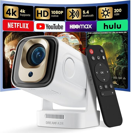 Mini Projector with WiFi and Bluetooth, 4K Full HD 1080P 200ANSI, 180° Rotatable Portable Projector, Auto Focus Movie Projector, Compatible with Smartphone, TV Stick, Laptop, HDMI, USB