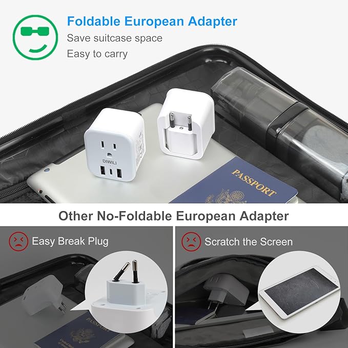 European Travel Plug Adapter, Foldable Power Adapter with 3 USB(1 USB C Port) and 1 AC Outlets, 2 in 1 Type C/L EU Outlet Adapter for US to Most of Europe France Germany Spain Italy(1 Pack)
