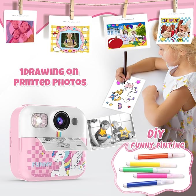 Instant Print Camera for Kids, 1080P Children Printable Cameras Christmas Birthday Gifts for Girls Age 3-10, Toddler Toy for 3 4 5 6 7 8 9 10 Year Old with 3 Roller Photo Paper (Pink)