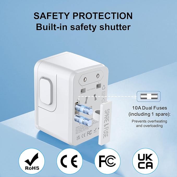 Universal International Plug Travel Adapter, 6 in 1 Wall Charger with 3 Type-C 5.8A 29W PD Fast Charging & 2 USB-A 5.8A & Multi AC Outlet Adaptor for USA EU UK AUS 200+ Countries