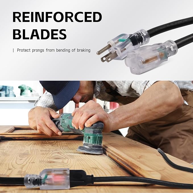 EP 10 Ft Outdoor Extension Cord, 12/3 SJTW Heavy Duty Waterproof Power Cable, 3 Prong Grounded Plug, Lighted End, for Lawn, Garden, Appliances, Black