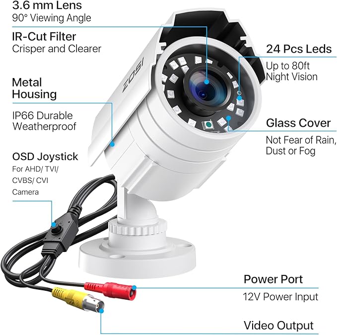 ZOSI 2MP 1080p HD 1920TVL Outdoor Indoor Home Security Camera (Hybrid 4-in-1 HD-CVI/TVI/AHD/960H Analog CVBS), 24PCS LEDs, 80ft IR Night Vision, Weatherproof Surveillance CCTV Bullet Camera
