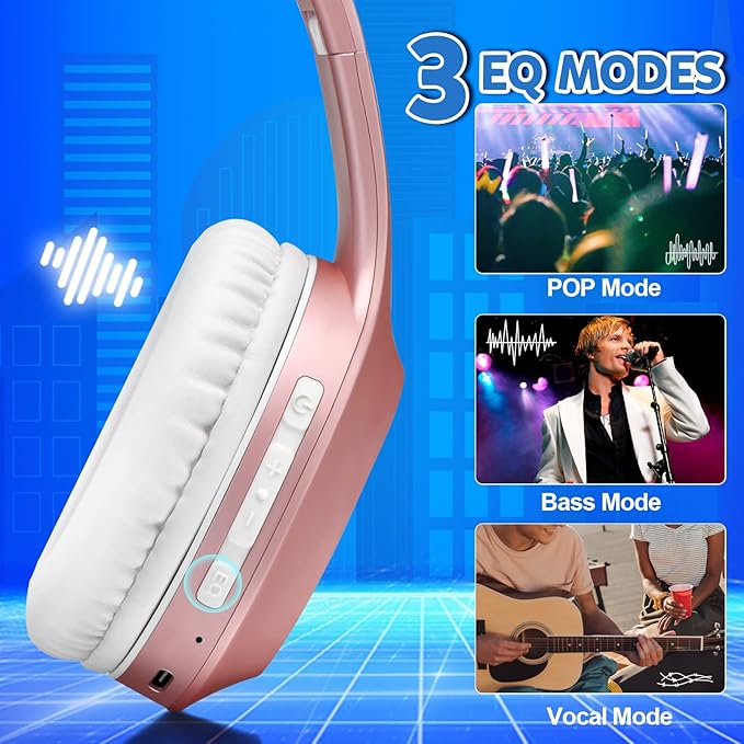 Bluetooth Headphones Over Ear, 68H Playtime 3 EQ Music Modes Wireless Headphones with Microphone/Deep Bass, HiFi Stereo Foldable Headset for PC Home Travel Office (Rose Gold)