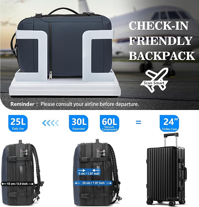 Vacuum Backpack Travel,60L Expandable Vacpack Backpack with Vacuum Pump, Water Resistant &TSA Lock, Easyvacpack Carry On Backpack Flight Approved Fits 17.3" Laptop, Blue