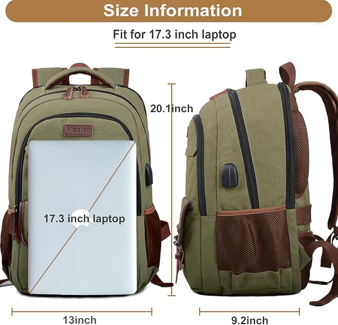 Mactso Canvas Travel Laptop Backpack for Men Women, Business Work Rucksack College Computer Bag Fits 17.3 Inch Notebook,Bookbag with USB Charging Port (Green, 17.3 Inch)